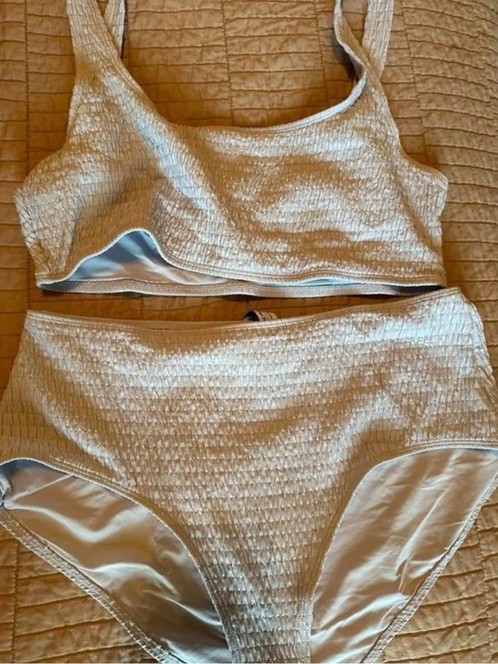 & Other Stories ruched bikini set high waisted brief square neck top blue size L